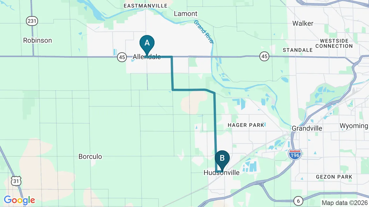 Driving directions map from Allendale, MI to ProKinetic in Fort Scott