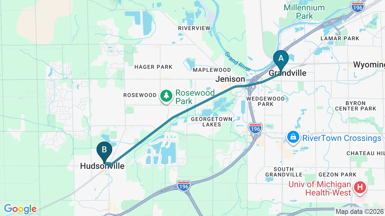 Driving directions map from Grandville, MI to ProKinetic in Fort Scott