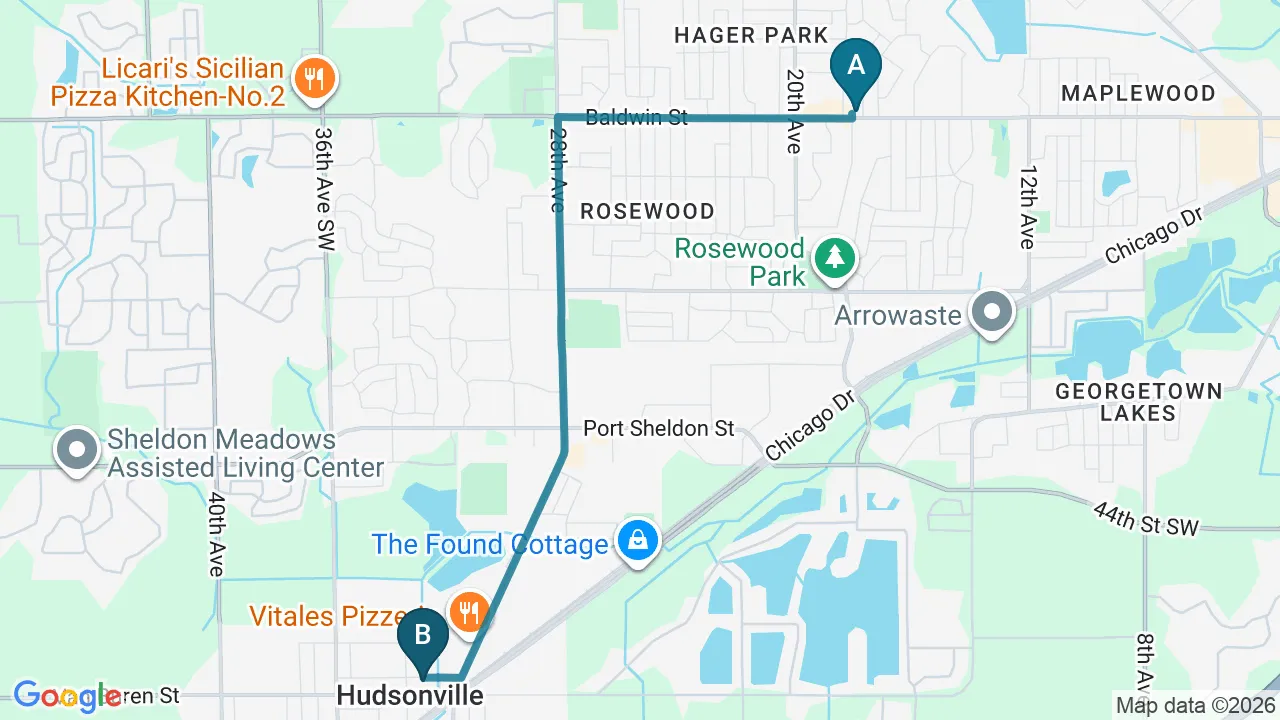 Driving directions map from Jenison, MI to ProKinetic in Fort Scott