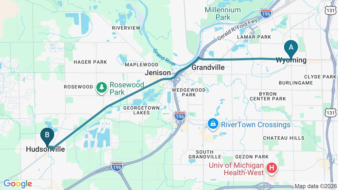 Driving directions map from Wyoming, MI to ProKinetic in Fort Scott