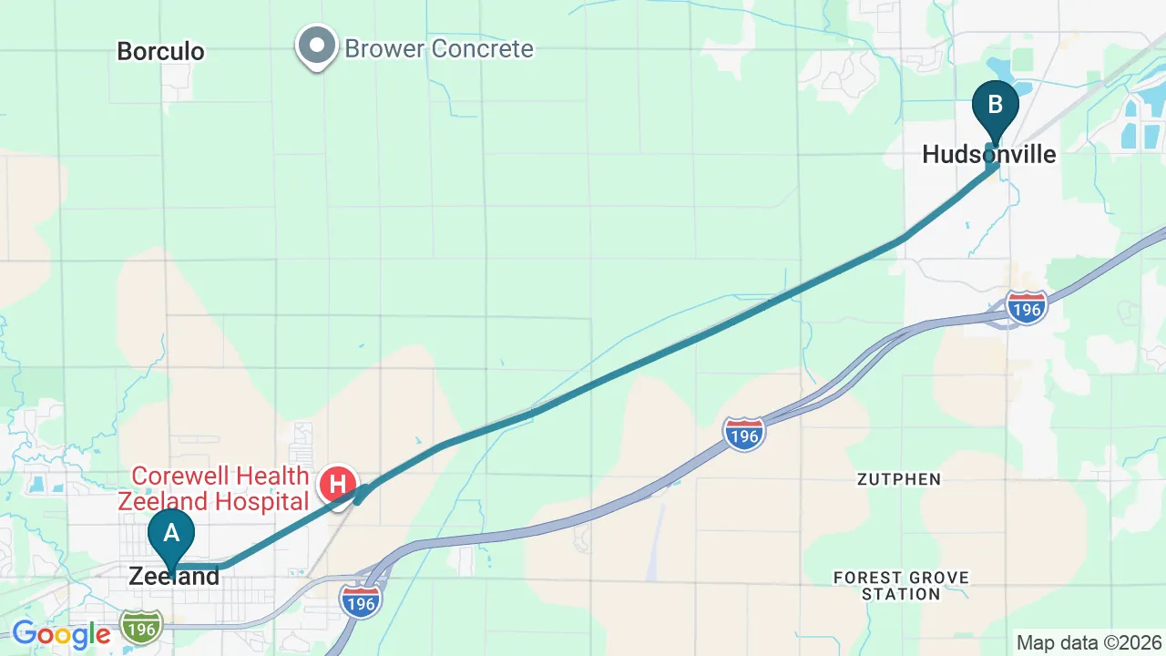 Driving directions map from Zeeland, MI to ProKinetic in Fort Scott